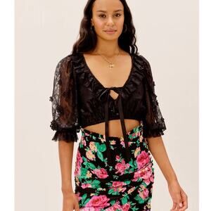 For Love & Lemons | Loretta Black Lace Cropped Tie Front Blouse Size Small